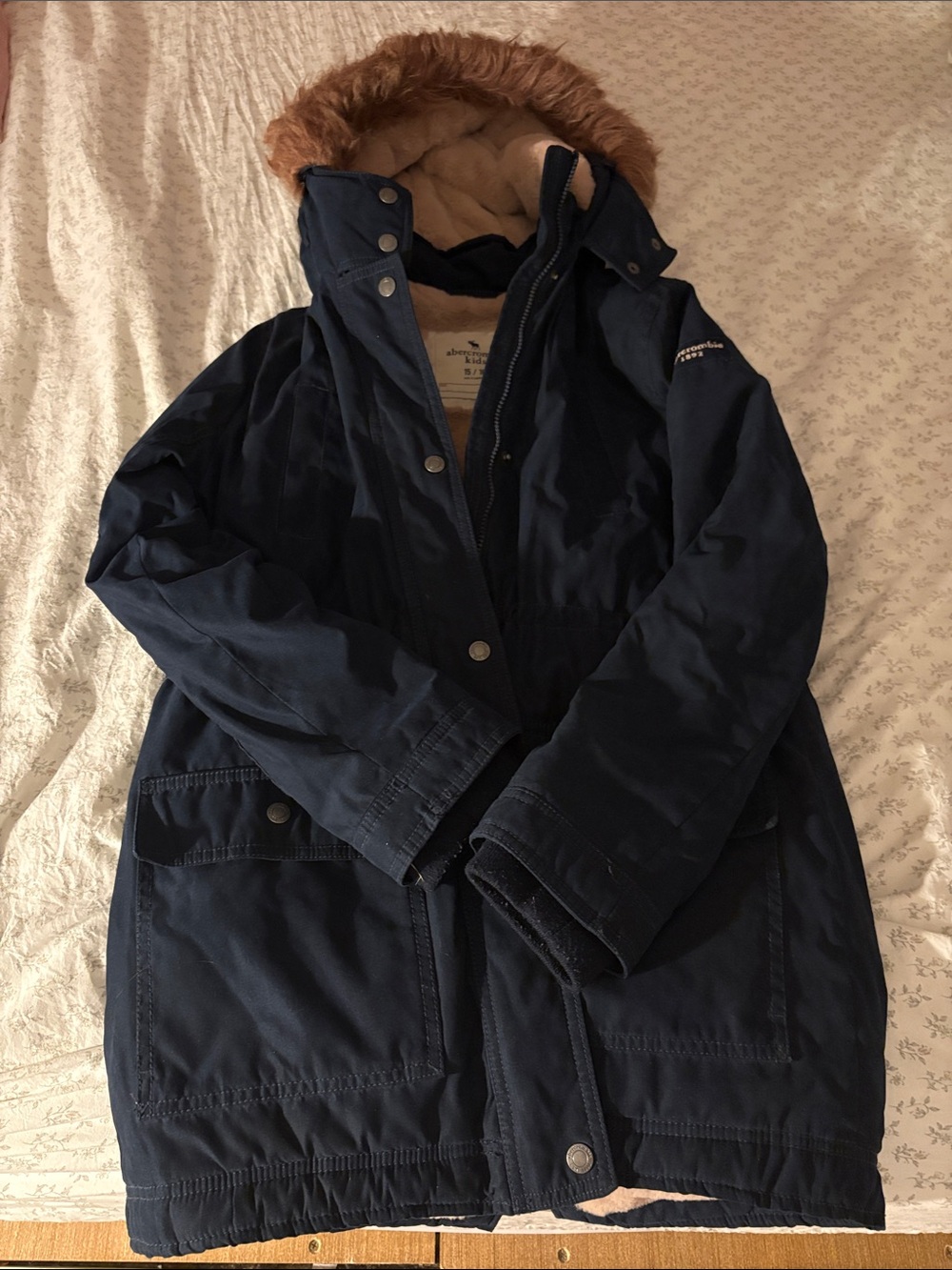 Abercrombie & Fitch Navy Puffer Parka with Faux Fur Trim